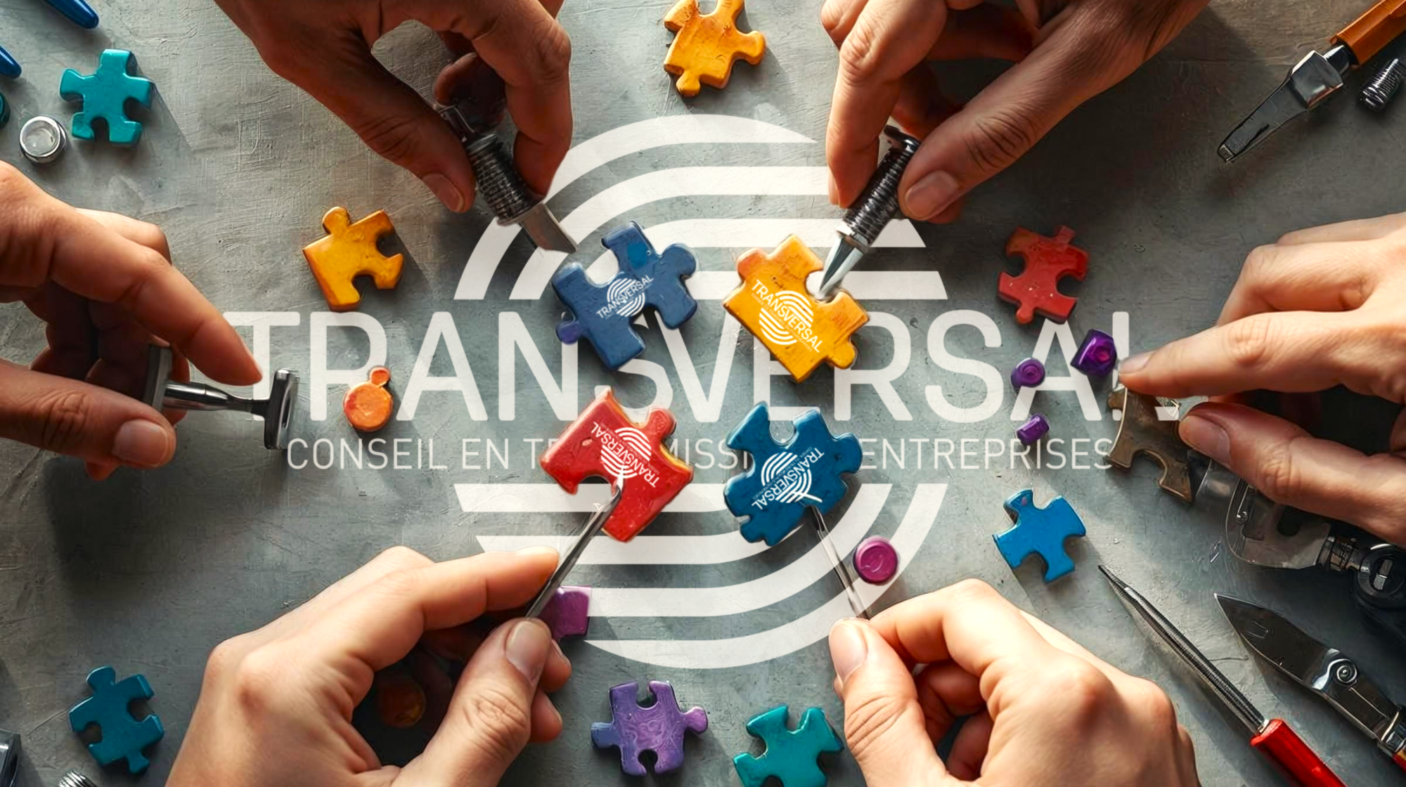 Le logo Transversal unissant les pièces d'un puzzle symbolisant la réussite d'une transmission d'entreprise